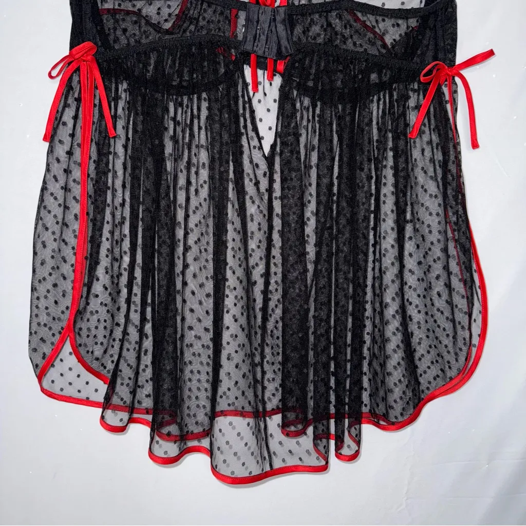 Whimsigoth Goth Polkadot Mesh Lingerie Babydoll Chemise Dress red Black Sheer Size L - Image 6