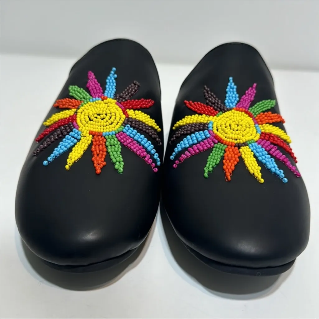 New Farm Rio Beaded Sunshine Black Leather Flat Mules with dust bag Size 6 - Image 3
