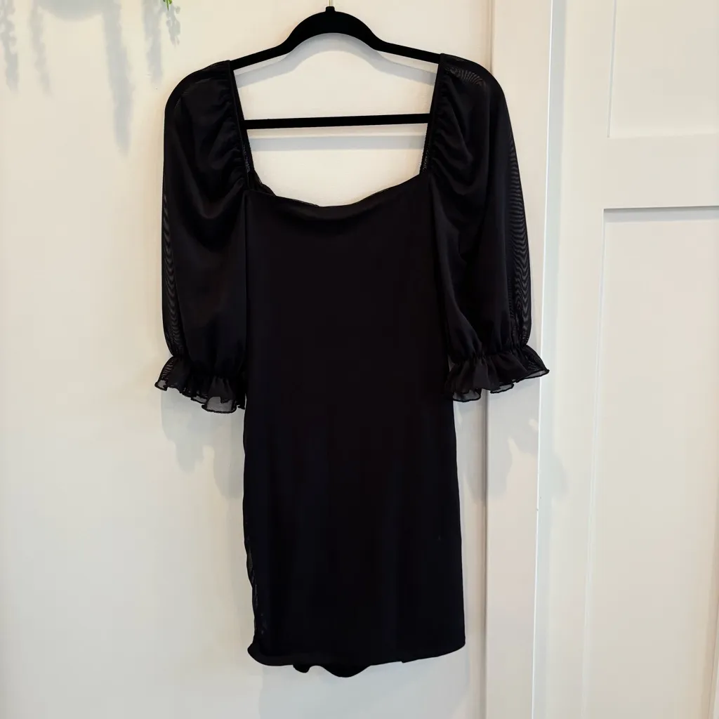 Timing Brand Women's Elegant Black Ruched Mess Mini Dress Mesh Sleeves Size L - Image 6