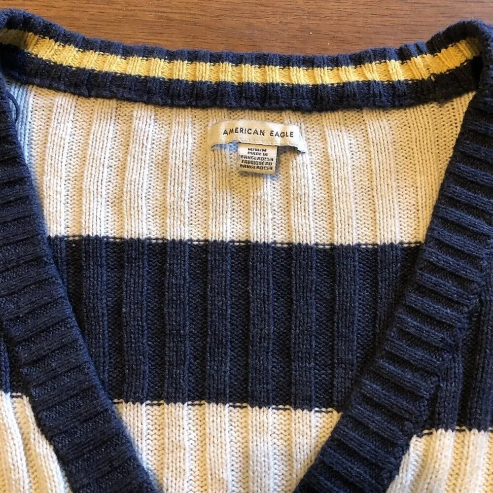 Women's American Eagle Navy White Striped Nautical Cropped Cardigan Size M - Image 2