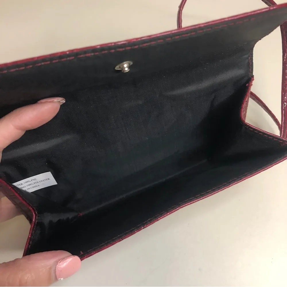 Deep Red Faux Leather Croc Textured Mini Fold Snap Purse Handbag - Image 5