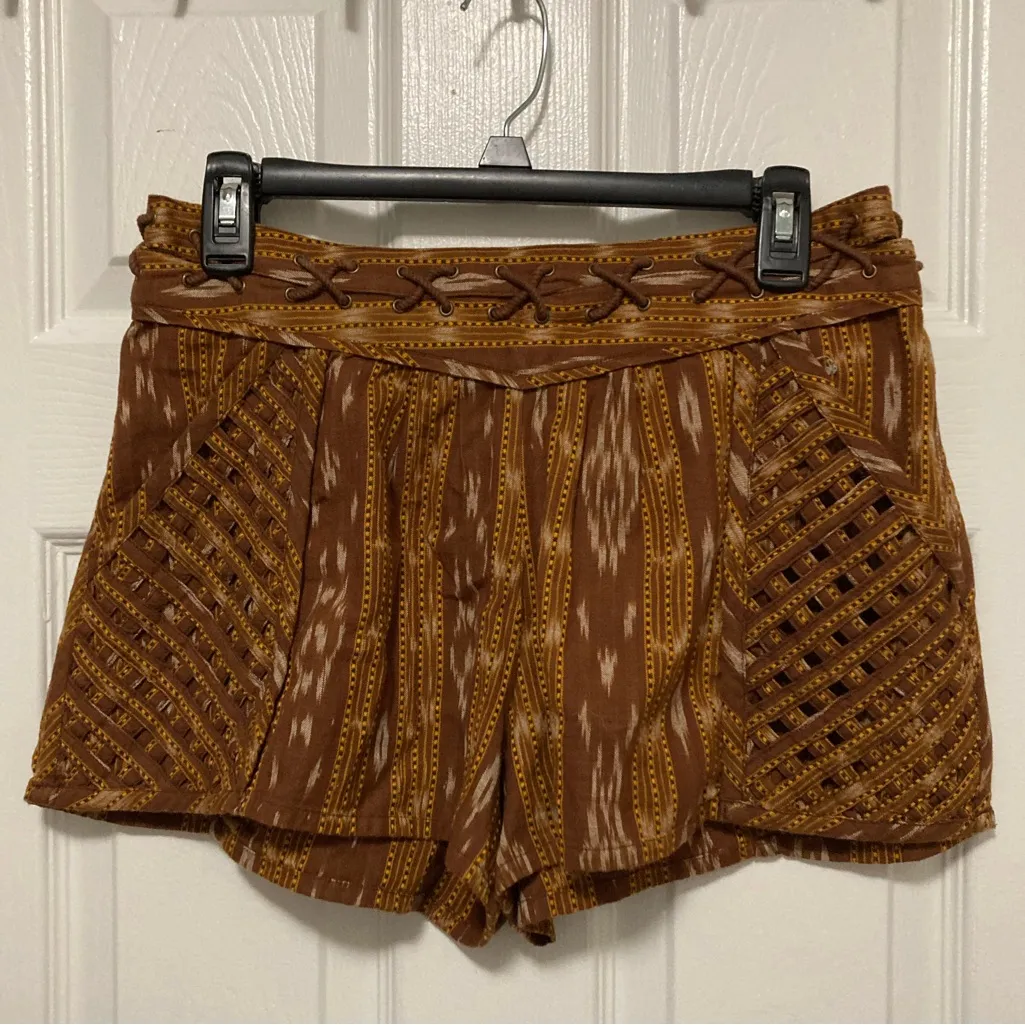 Free People New Romantics Brown Patola Ikat Print Lattice Cut Shorts - Image 3