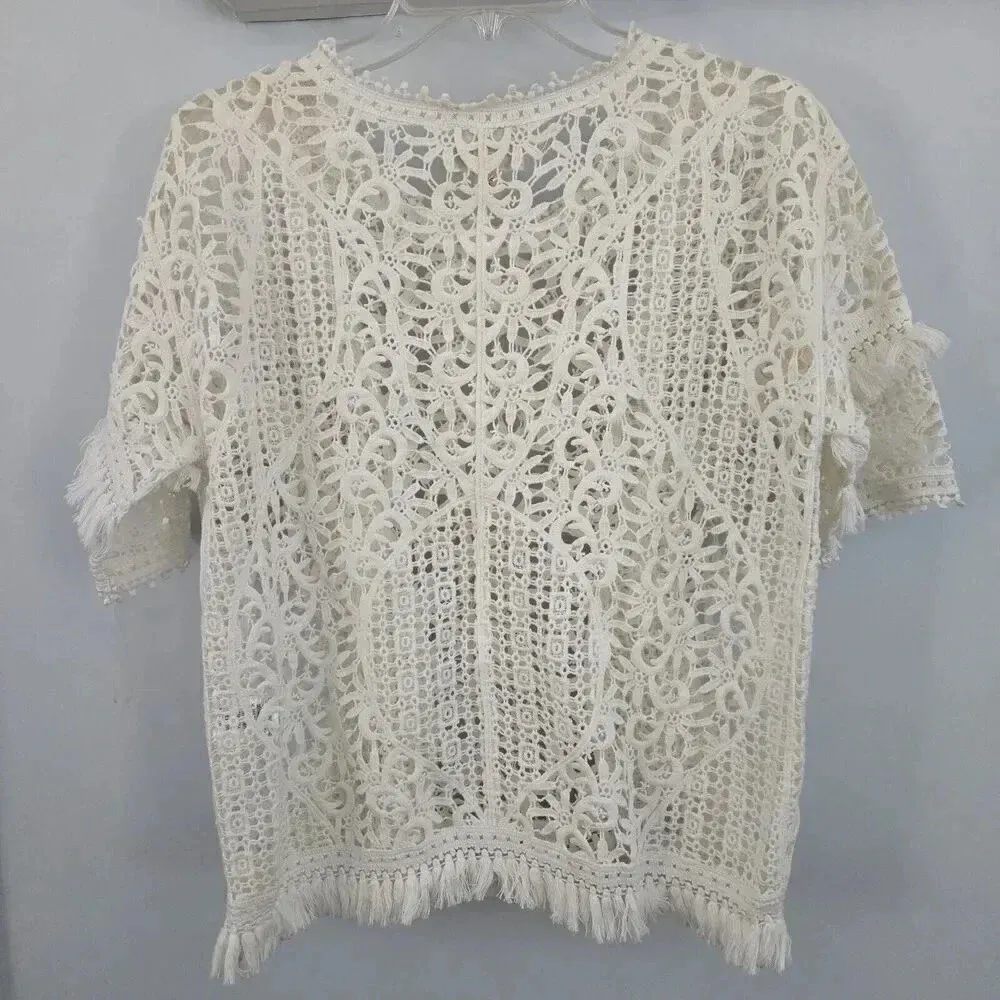 Anthropologie Yoana Baraschi Top White Lace Crochet Fringe Trim Short‎ Sleeve S - Image 5