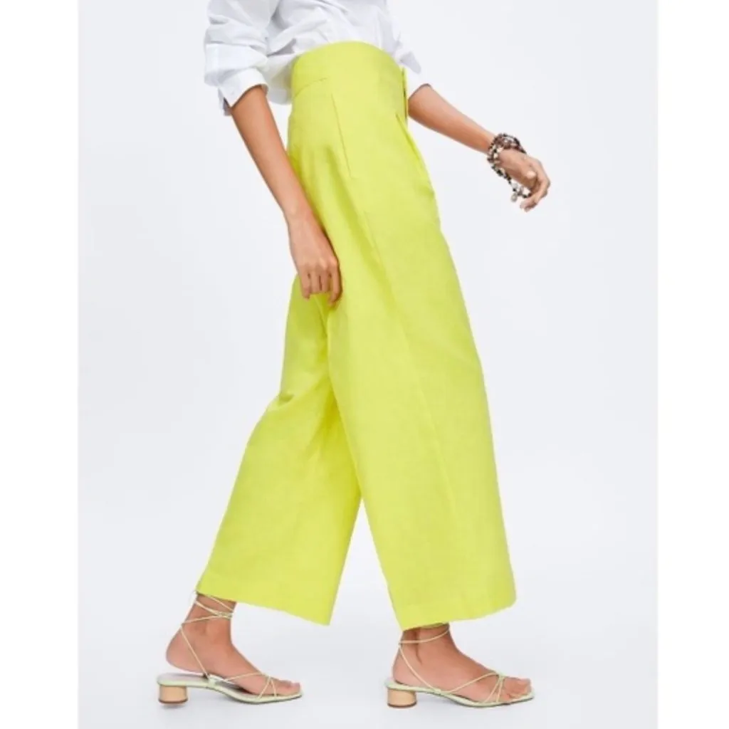NWT ZARA Lime Green Cotton / Linen Blend Wide Leg Trouser Bloggers Fav XS - Image 2