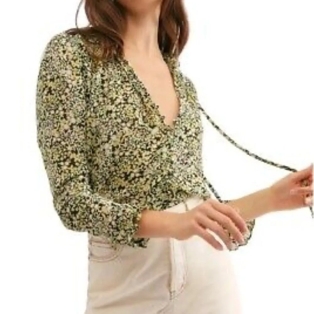 Free People Lela Blouse Floral Black & Green Flowy Boho Tie Neck Top Size Medium - Image 15