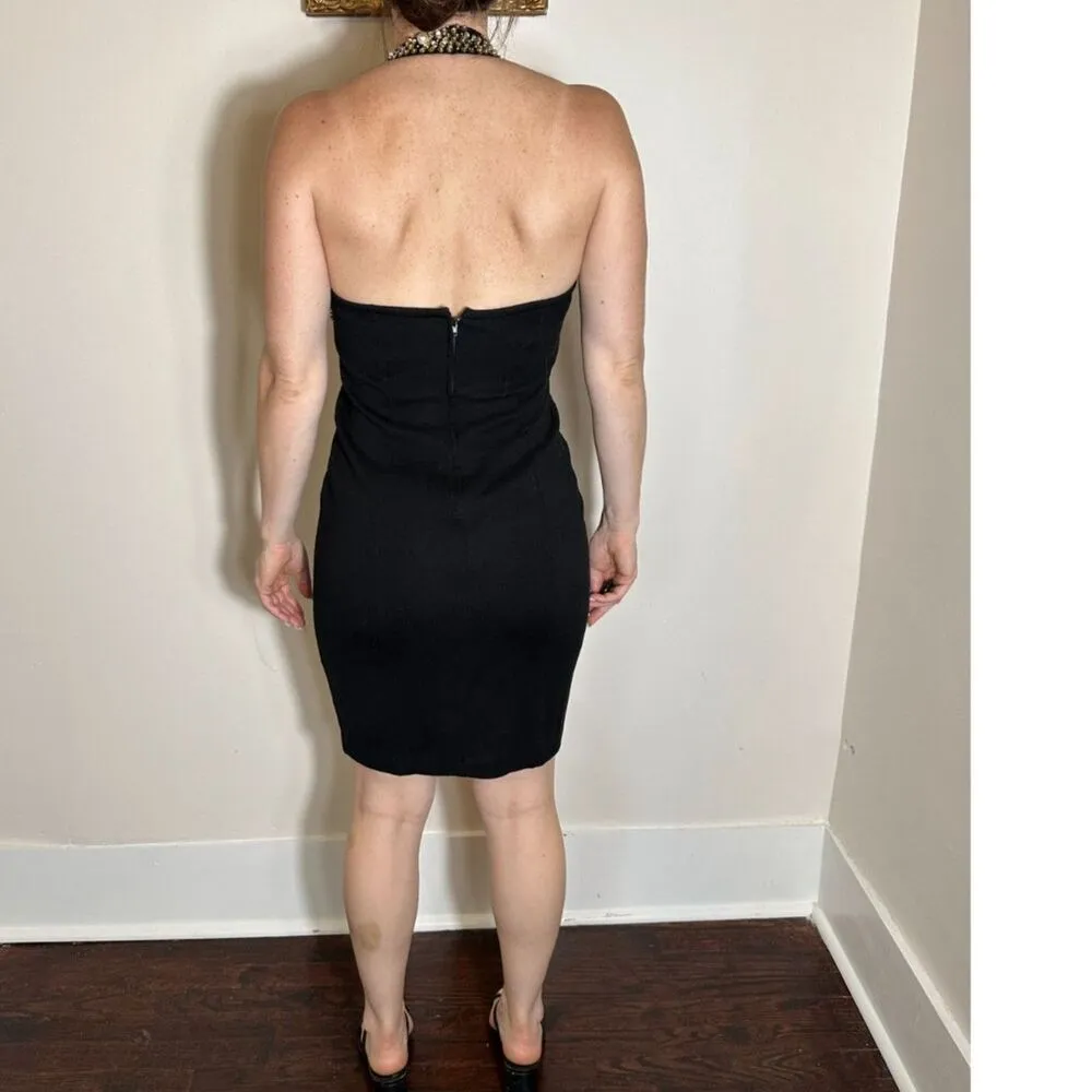 Vintage 1990’s “Outlander” Black Halter Dress Gold Sequins & White Pearls Small - Image 5