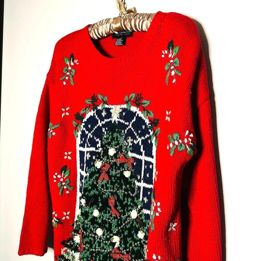Vintage 90s Metropolitan New York Red Ugly Tree Bows Candy Cane Sweater Size S - Image 2
