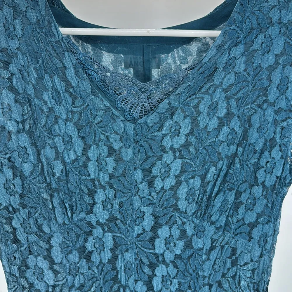 American Angel Teal Lace Maxi layered crinkle broomstick dress M whimsigoth vtg Blue Size M - Image 9