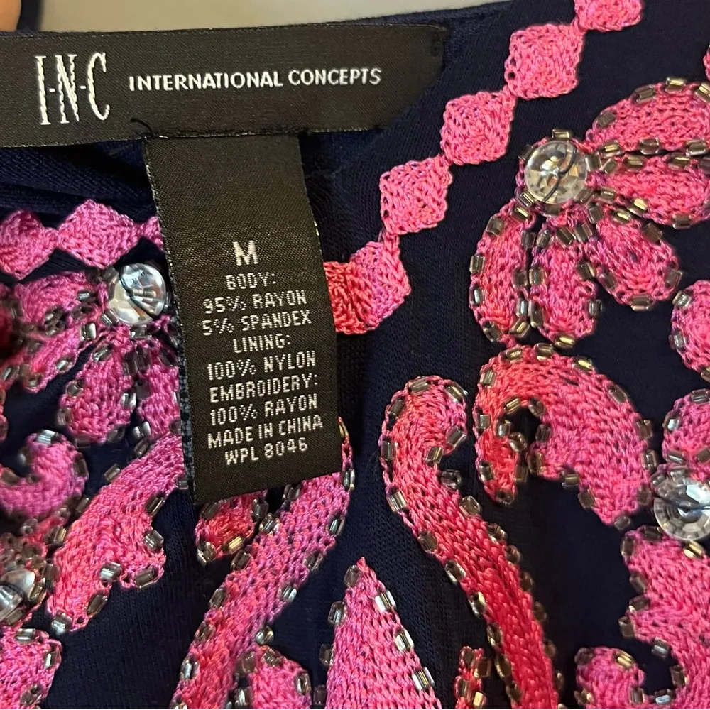 INC International Concepts Dress Navy w/ Pink Embroidery & Crystals Sz M EUC Blue Size M - Image 3