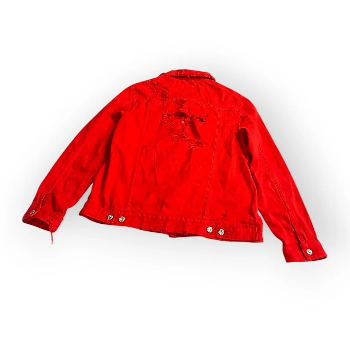 Zara Trafulac Denim Jacket Women's Medium Red Distressed Button Down Long Sleeve - Image 4