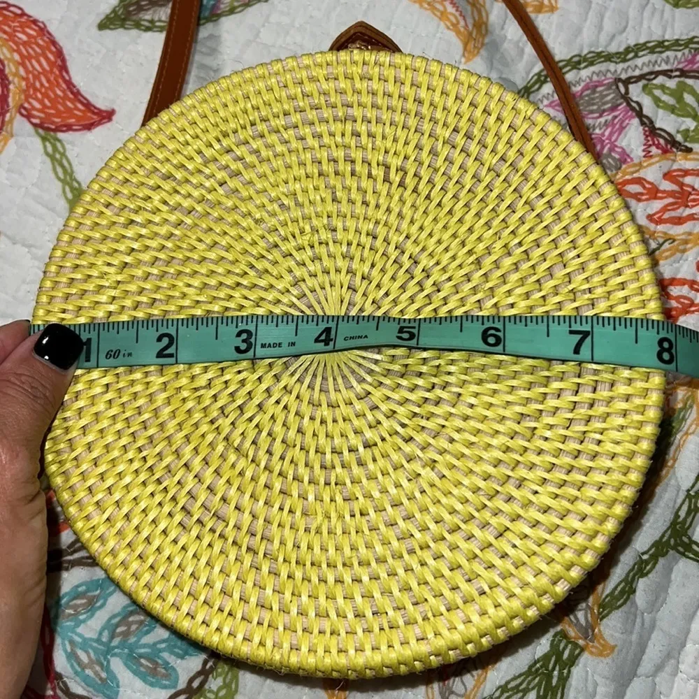 Hand woven round bamboo shoulder bag yellow snap shut crossbody summertime Gold - Image 5