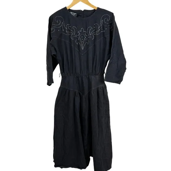 PG Collections Western‎ Style Black Denim Dress with White Embroidery Size 10 - Image 3