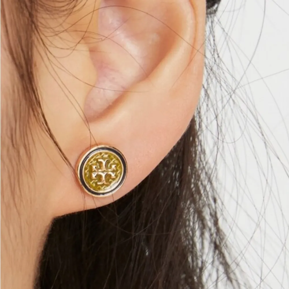 New Tory Burch Auth. KIRA GUILLOCHÉ CIRCLE-STUD EARRING; Gold/Black - Image 5