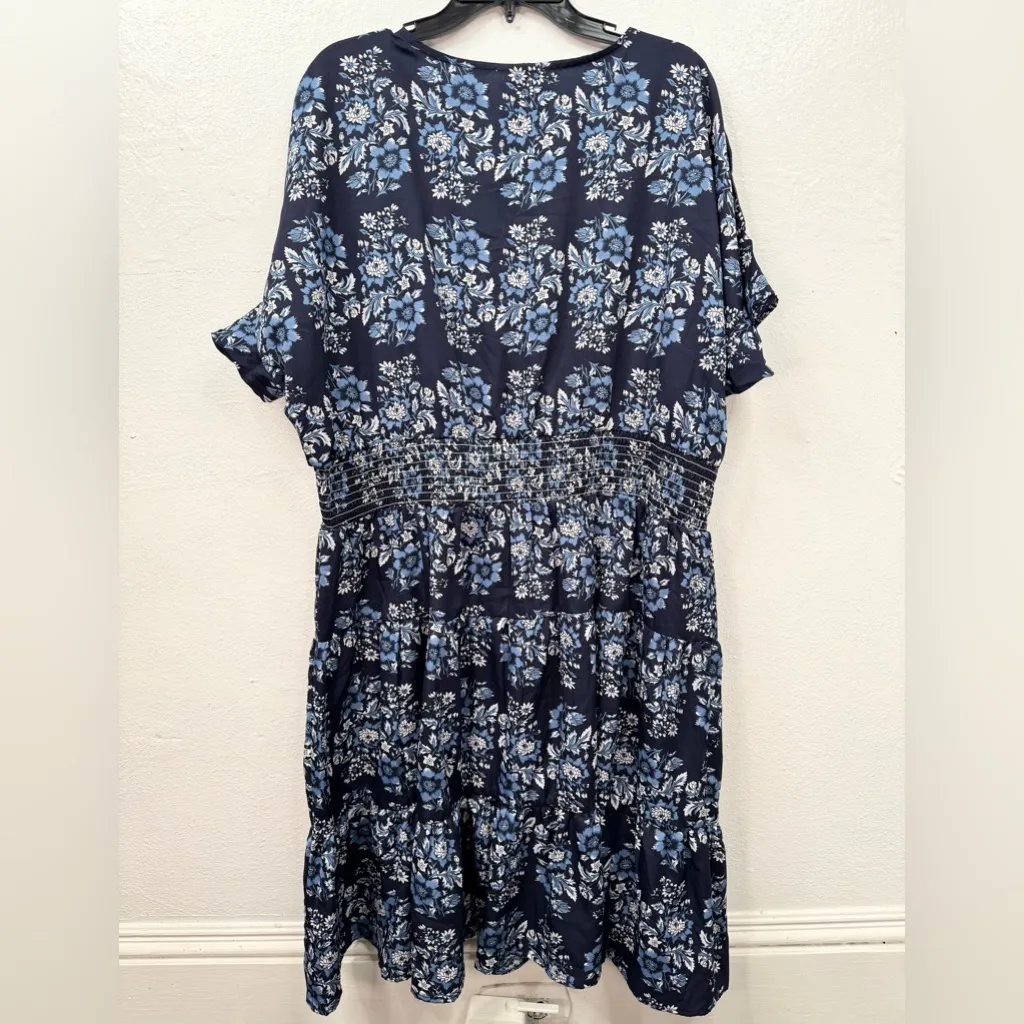 Kings Road Dress 3X Plus Blue Floral Smocked Waist Tiered Short Sleeve V Neck White - Image 2