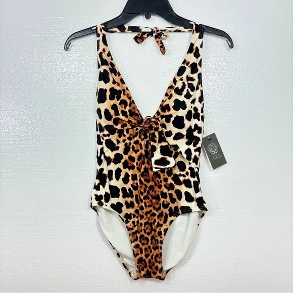 VINCE‎ CAMUTO $134 Leopard Print Knot tie front standard one piece swimsuit 10 M - Image 2