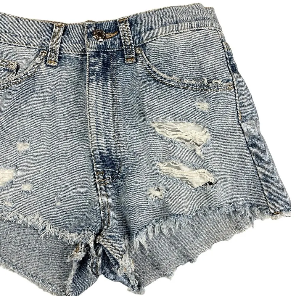 Zara Blue Denim Light Wash Distressed Frayed Raw Hem Cut-Off Jean Shorts Size 00 - Image 3