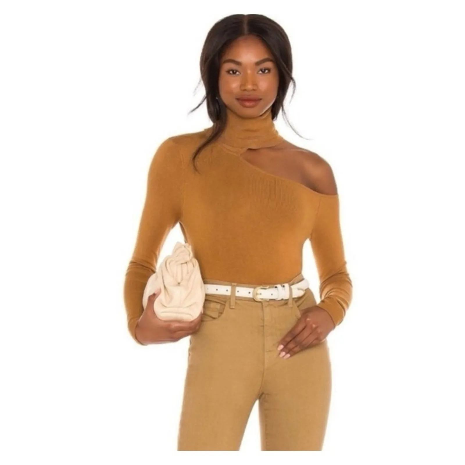 NWT L’AGENCE Nicky Cold Shoulder Fitted Turtleneck Sweater S Tan - Image 12