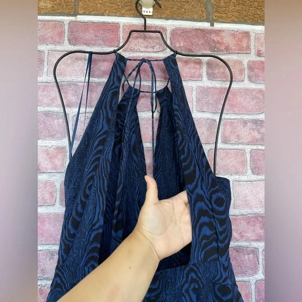 Diane von Furstenberg Blue Black Wood Grain Print Silk Jumpsuit Sz 4 - Image 10