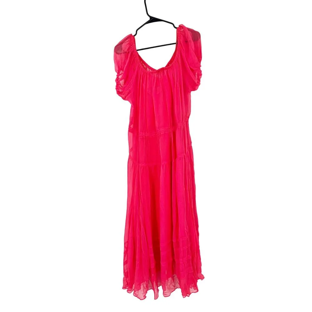 La Ligne Isabelle Gathered Silk Chiffon Hot Pink Puff Sleeve Maxi Dress Sz S NWT - Image 2
