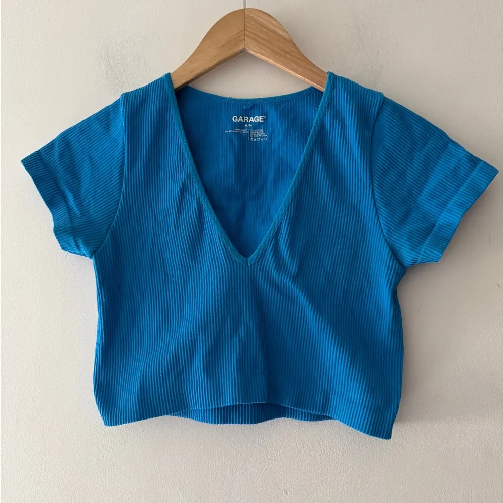Garage  Blue Seamless Ribbed V Neck Crop Top - Image 2