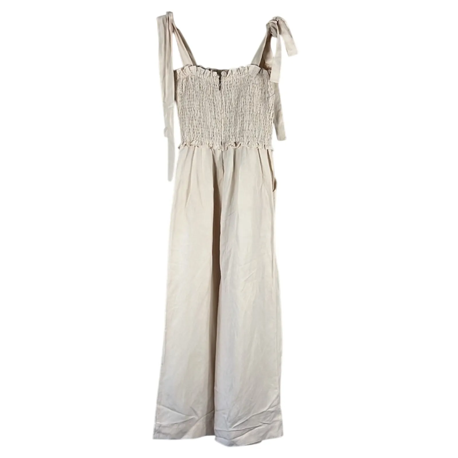Rebecca Taylor Jumpsuit Womens 4 Cream Smocked Tie Strap Wide Leg Linen Beachy - Image 4