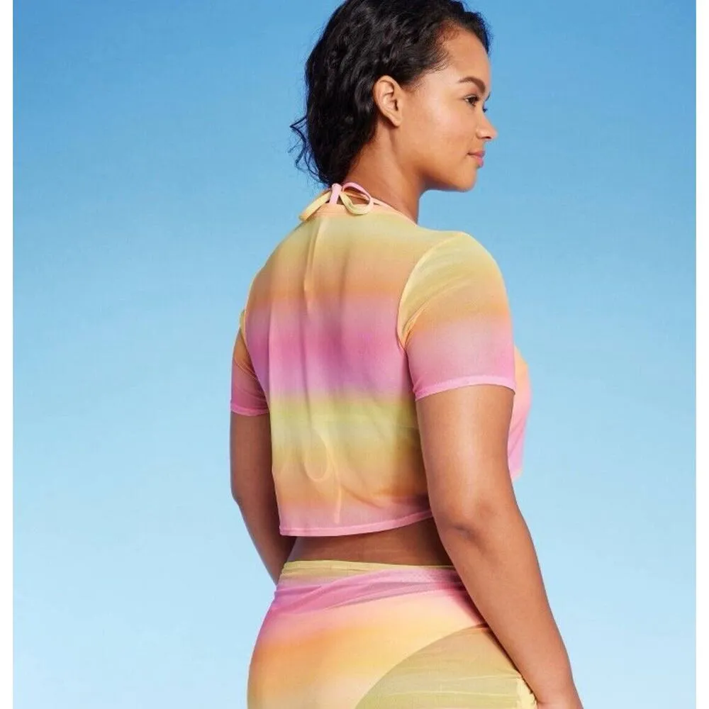 Wild Fable Mesh Drawstring Ruched Cover Up Top Pink/Yellow Women's XL NWT - Image 2