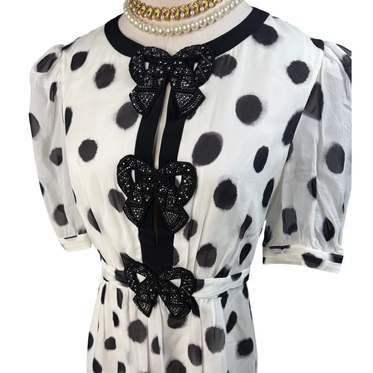 Saloni Jamie Silk Polka Dot Rhinestone Bow Mini Dress white black size US 4 - Image 7