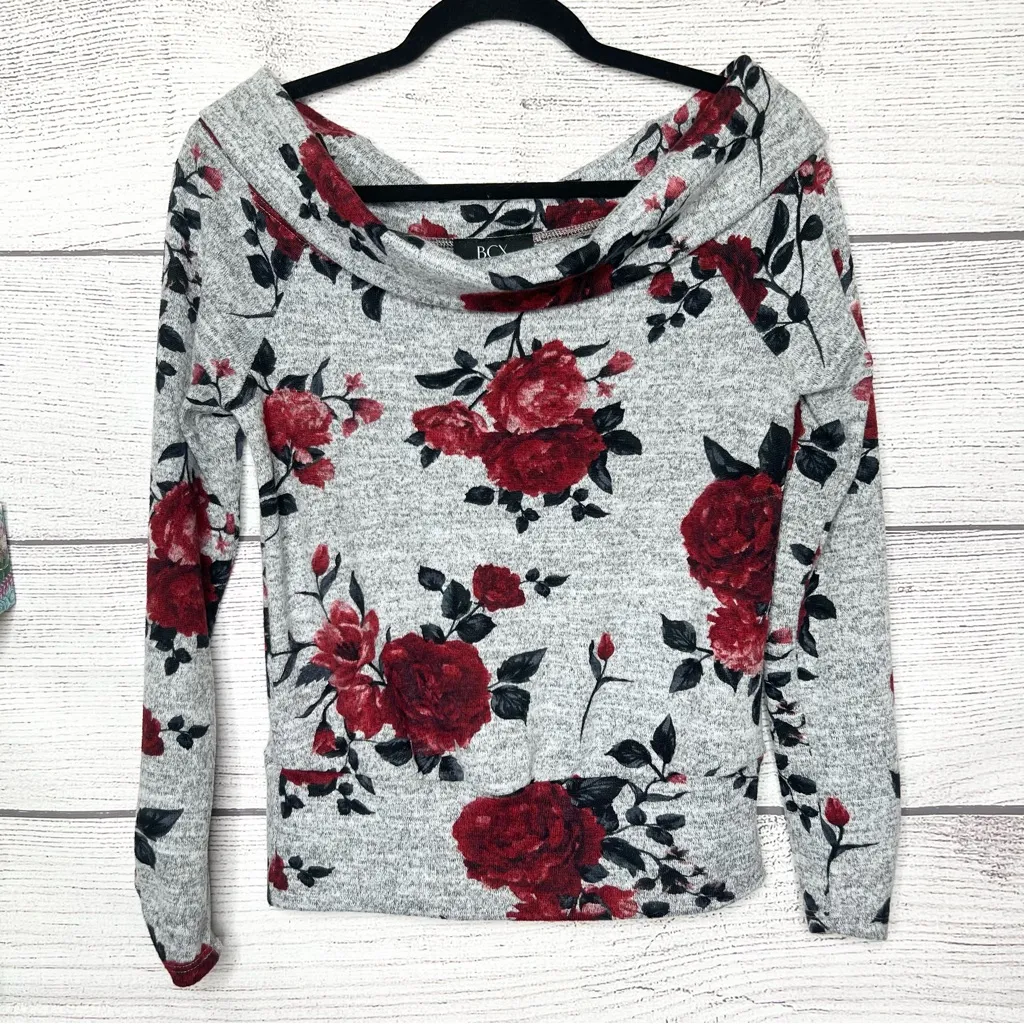 BCX Floral Gray & Red Wide Neck Off Shoulder SweaterTop Size Small - Image 9