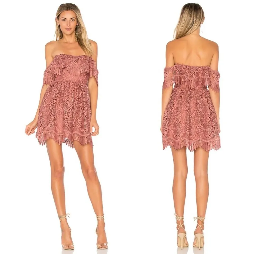 Lovers + Friends Dream Vacay Lace Mini Dress Mauve Pink Off the Shoulder Small - Image 4