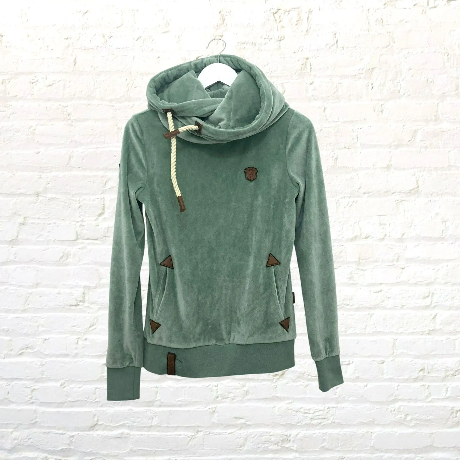 Naketano Darth Mack Velour Cowl Hoodie Sage Green Rope Detail Size S - Image 4