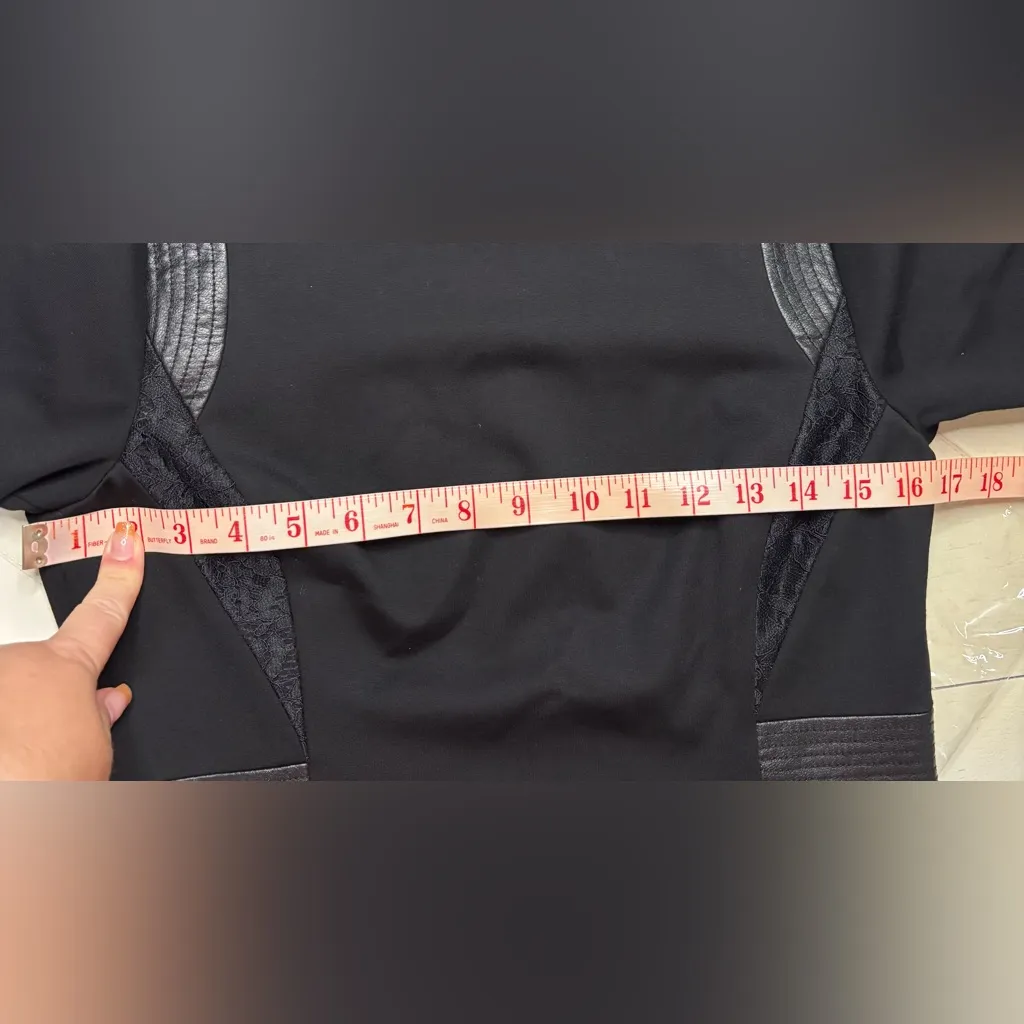 Rebecca Taylor 3/4 Sleeve Faux Leather Trim Ponte Black Sheath Dress Size 8 - Image 3