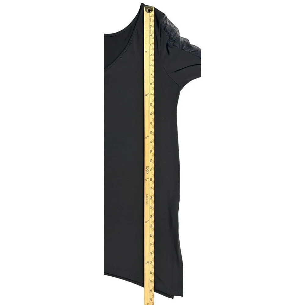 Clara Sun Woo Tunic Size XS Black V Neck Sheer Mesh Ruched Sleeve Long Lagenlook - Image 9