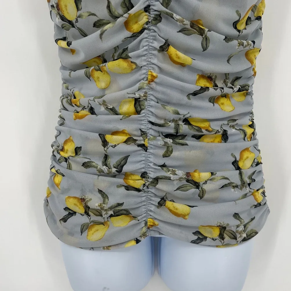 Y2K Lemon Print Coquette Mesh Ruched Sleeveless Top Sz M Fruit Cottage Euro - Image 4
