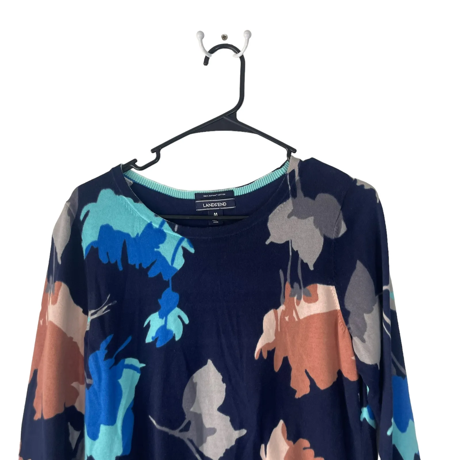 Lands'‎ End Women's Size Medium Supima Cotton Floral Blue Rib Knit Sweater - Image 2