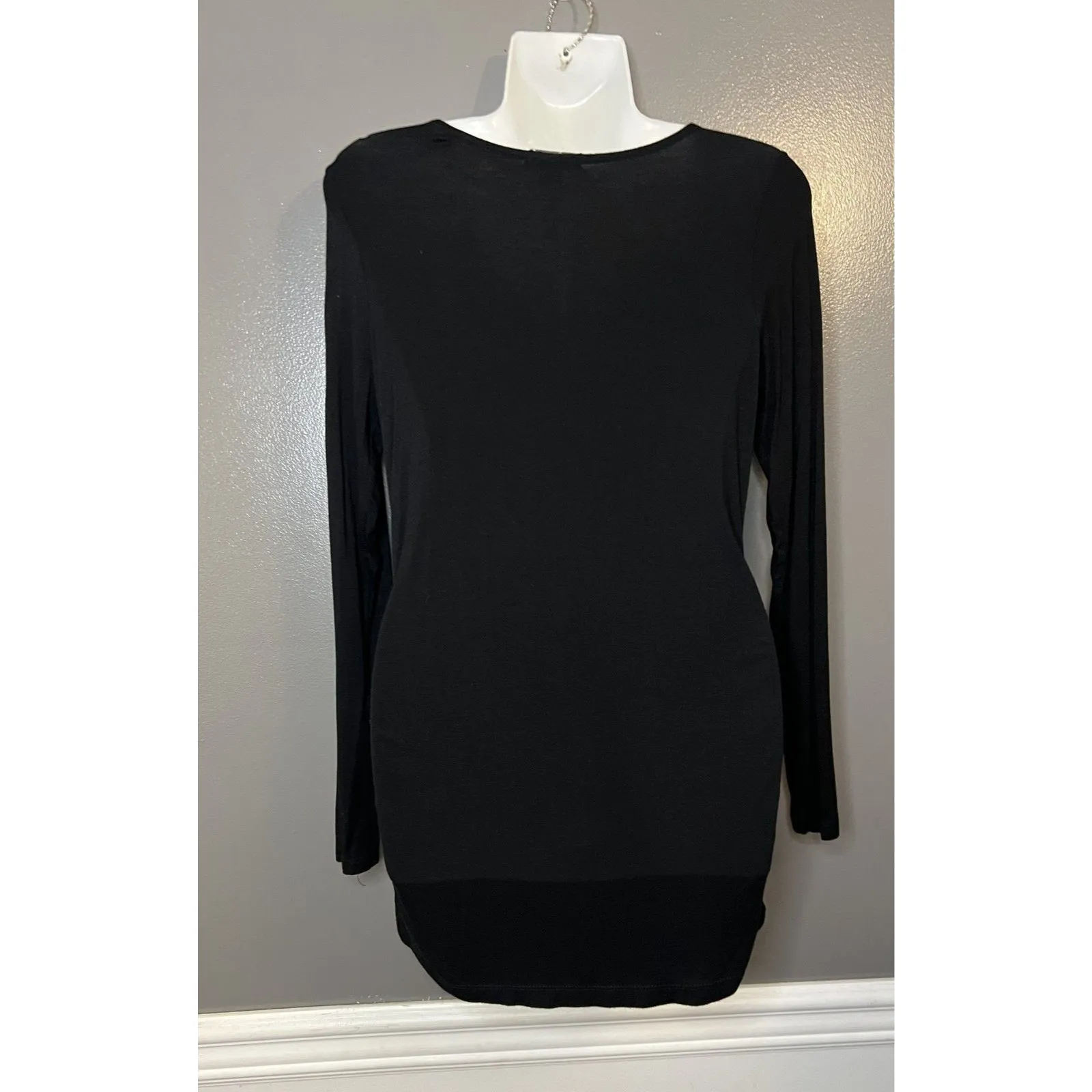 Love NY LA Top Womens Large Black Long Sleeve V Neck Lace Up Eyelet Ruched Shirt - Image 3