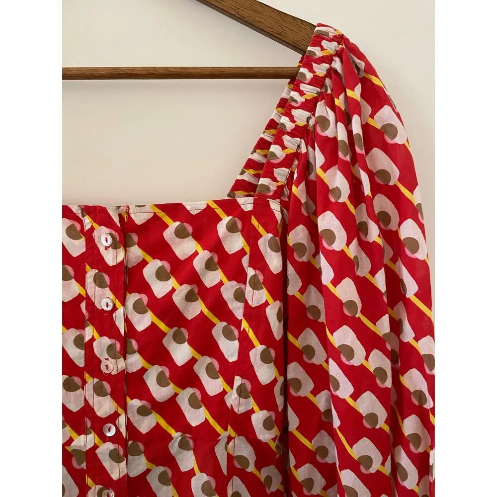 Ro’s Garden Tuckernuck Red White Yellow Square Neck Puff Sleeve Top Button S EUC - Image 2