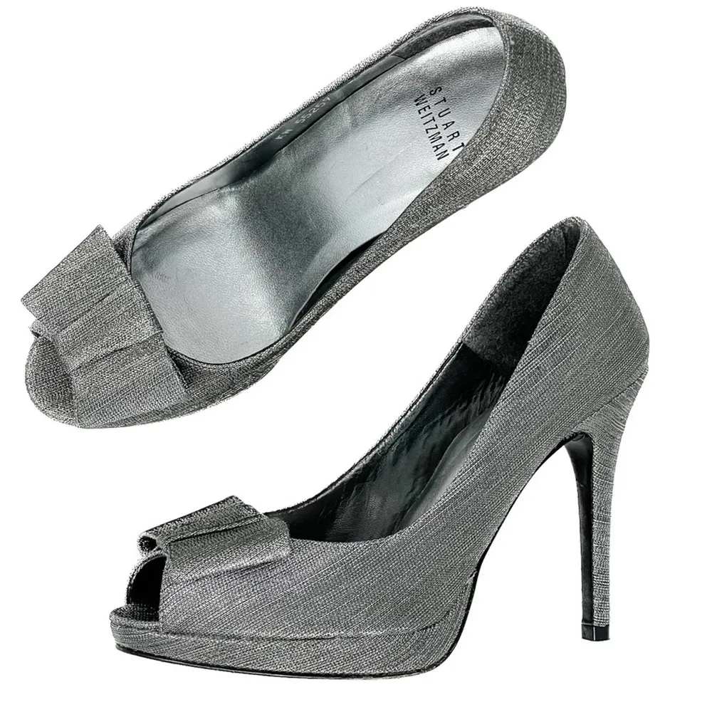 silver pewter Bowright peep toe bow platform pumps size 8 - Image 16
