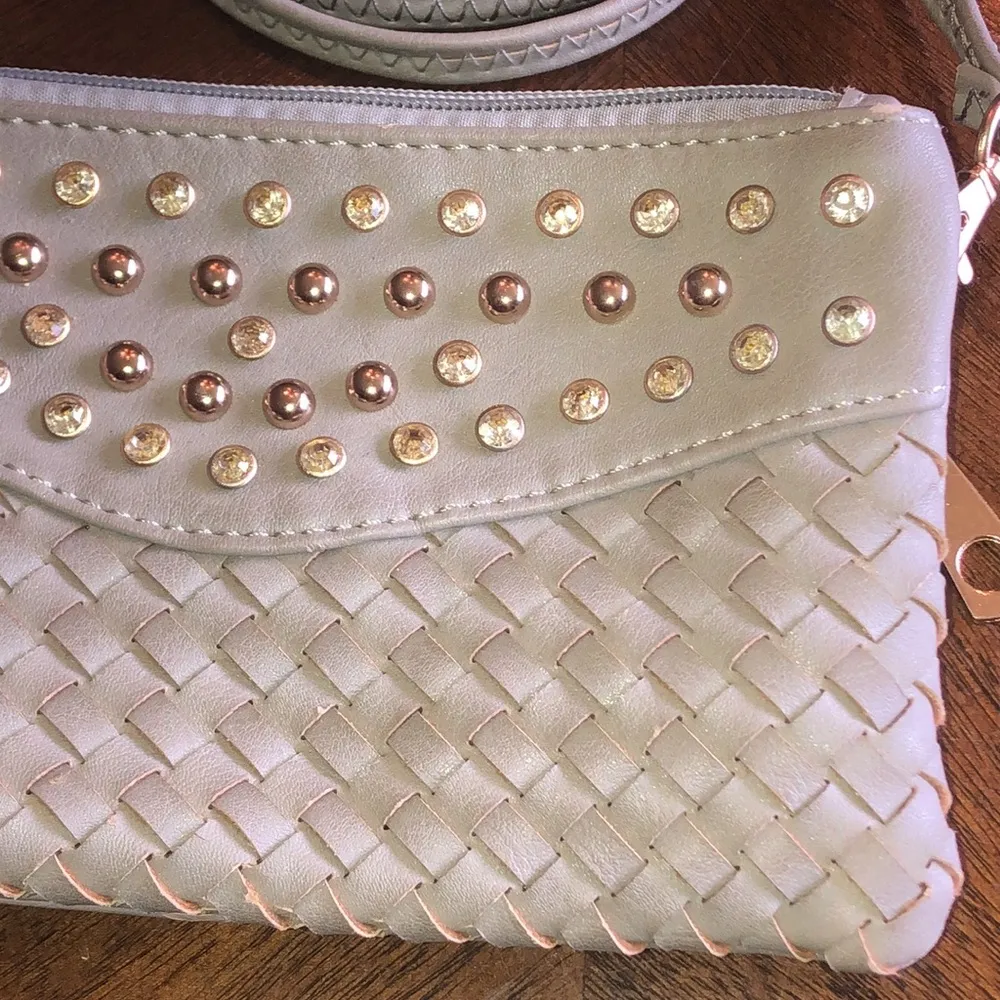 Gray Rhinestone Studded Boho Woven Crossbody Shoulder Purse - Image 3