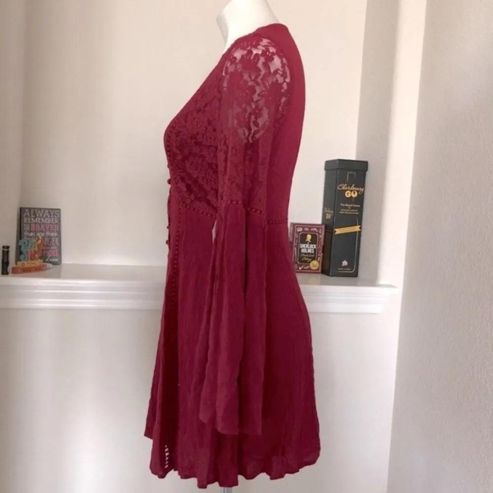 Altar'd State Mini Dress Cotton Lace Button Front Burgundy Size S MSRP $79.95 - Image 5