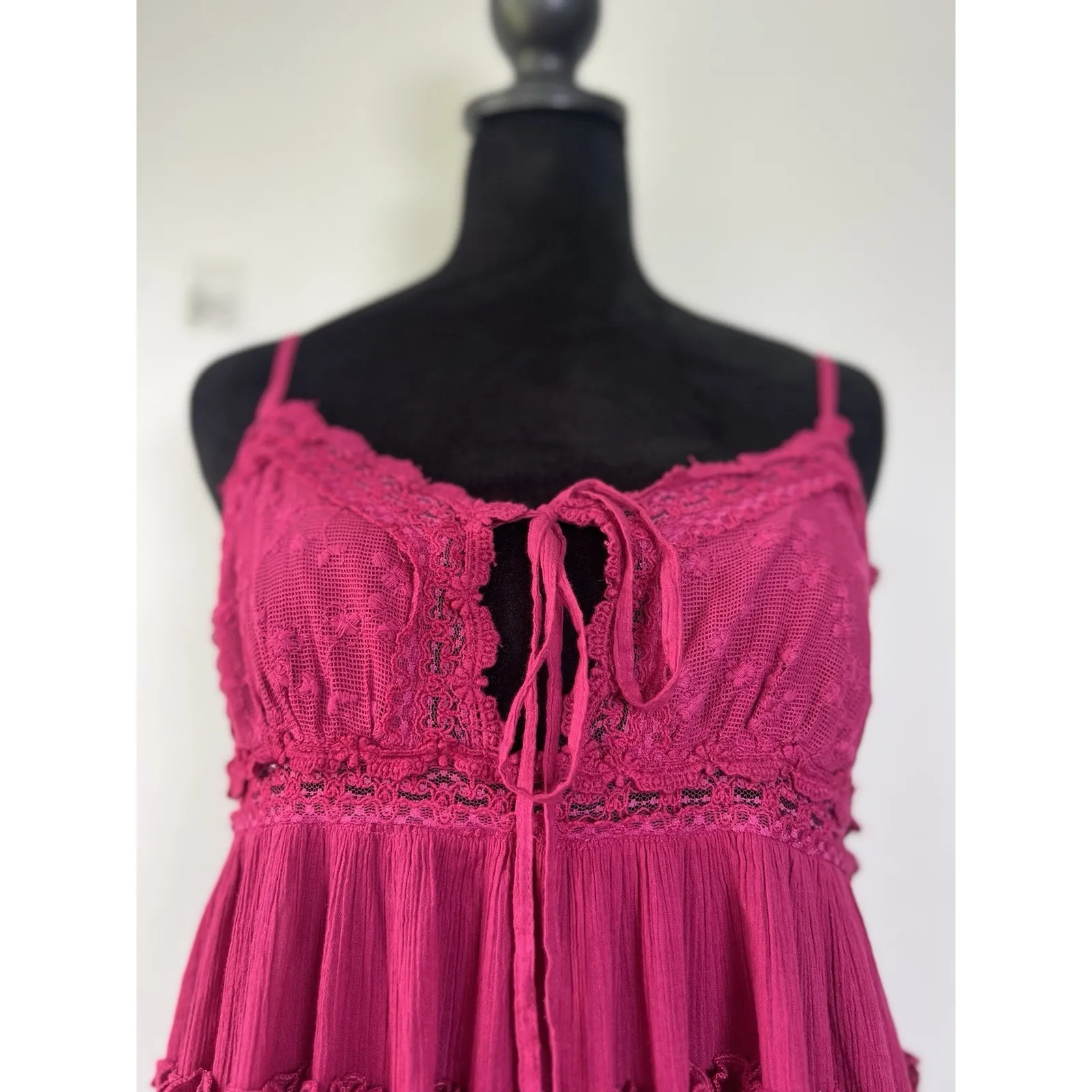 Free People Sunsetter Mini Slip Dress Tiered‎ Lace Trim Embroidered Summer Small - Image 6