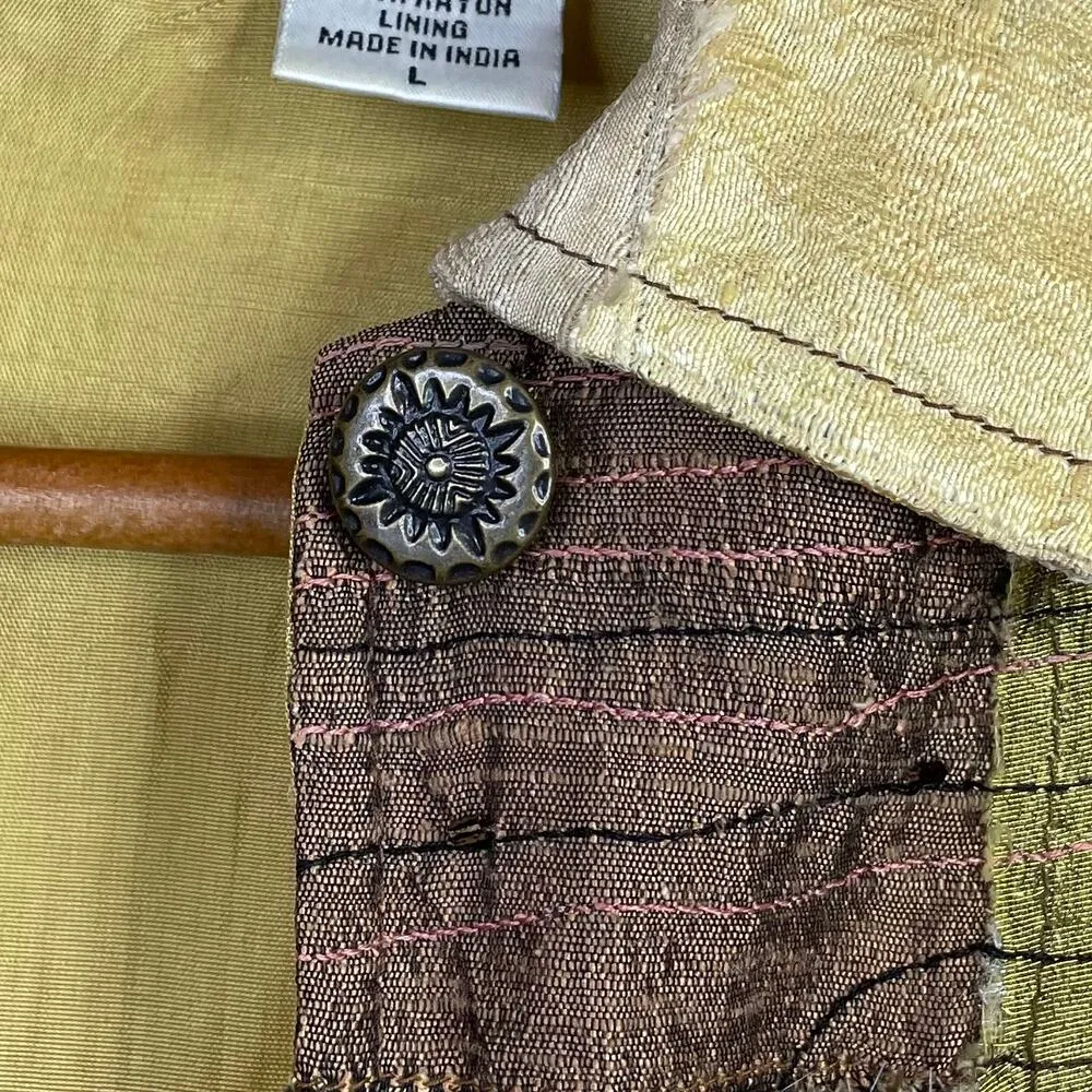 Vintage Y2K Sandy Starkman Silk Patchwork Tribal Abstract Faces Cropped Jacket L Brown Size L - Image 15