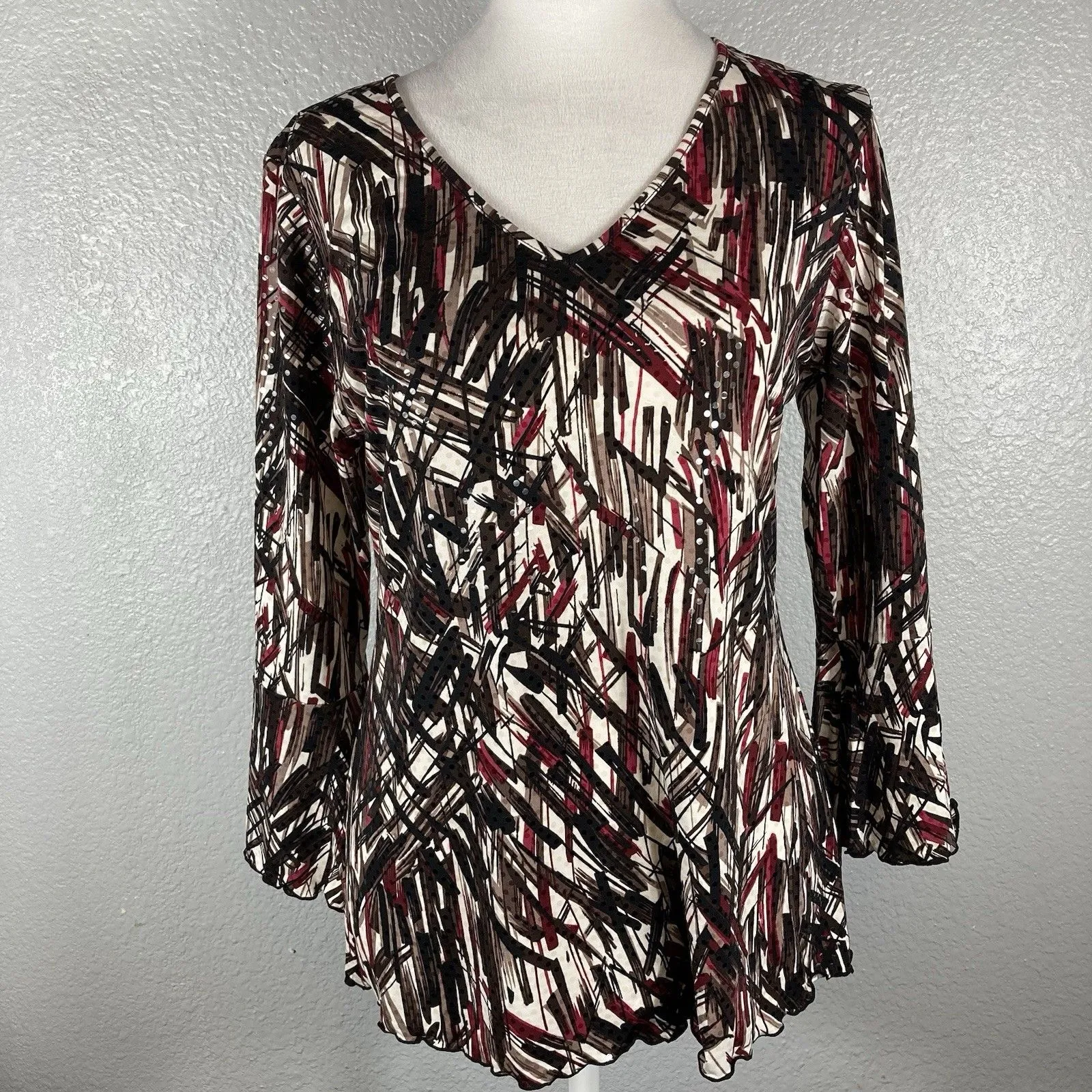 Cato’s Geometric Blouse Top S Shimmer Dots Shirt Stripe Print Bell Sleeve Career - Image 2