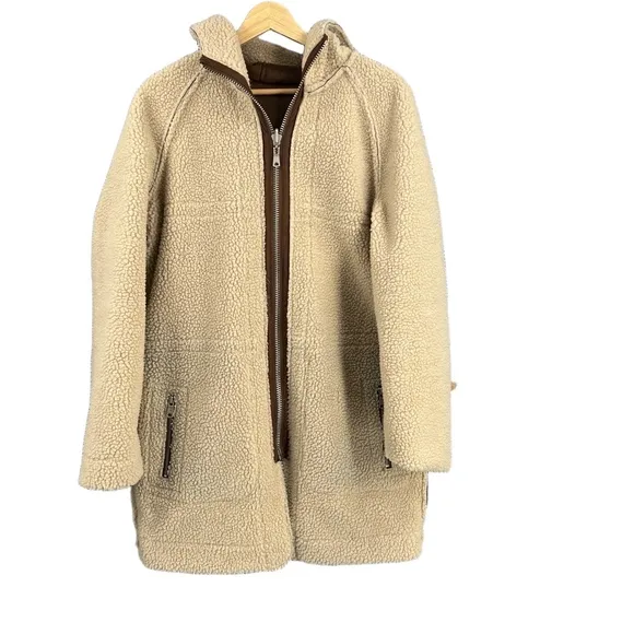 Avec Les Filles Women’s Reversible‎ Faux Shearling Hooded Coat Brown Tan Size S - Image 2