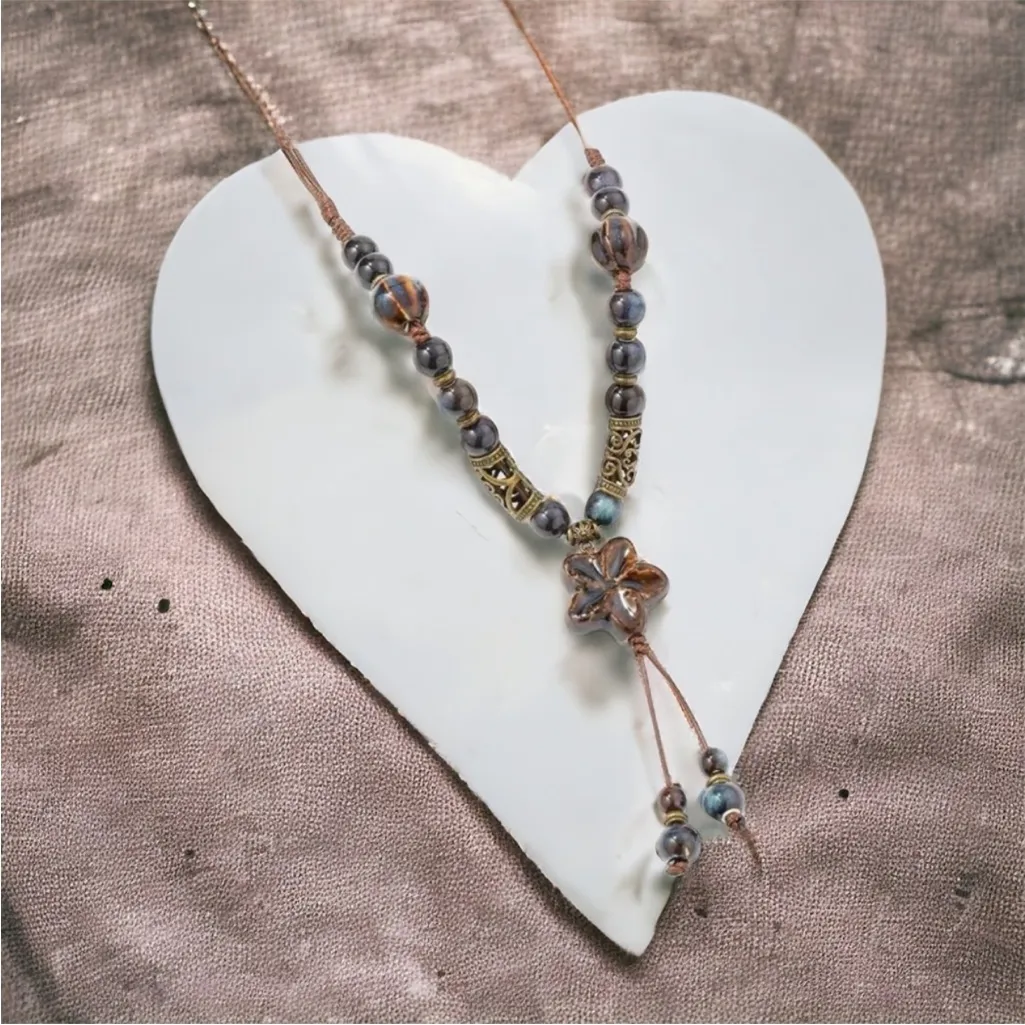 Bohemian Beaded‎ Ceramic Necklace Ethnic Style Flower Pendant Necklace Brown - Image 8