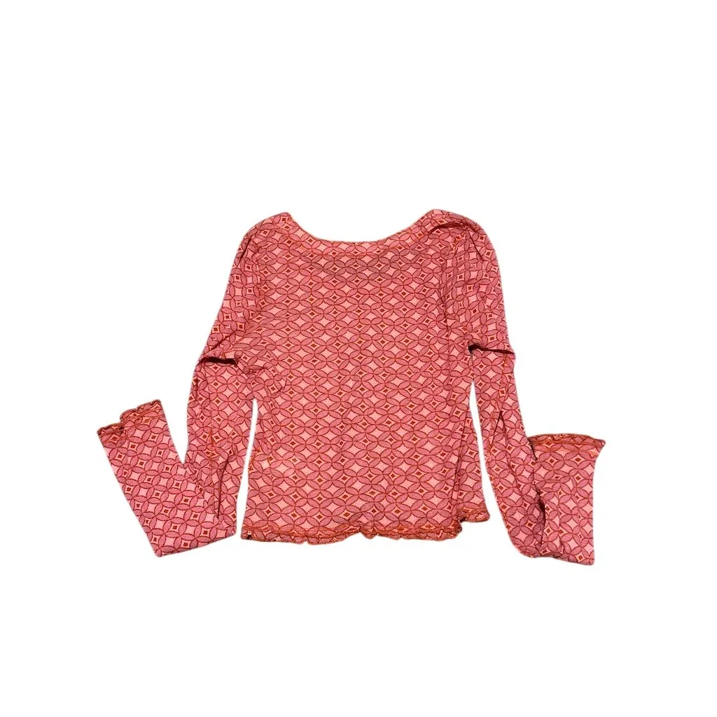 Free People Top Womens M Pink Orange Geometric Mesh Sheer Stretch Scoop - Image 2