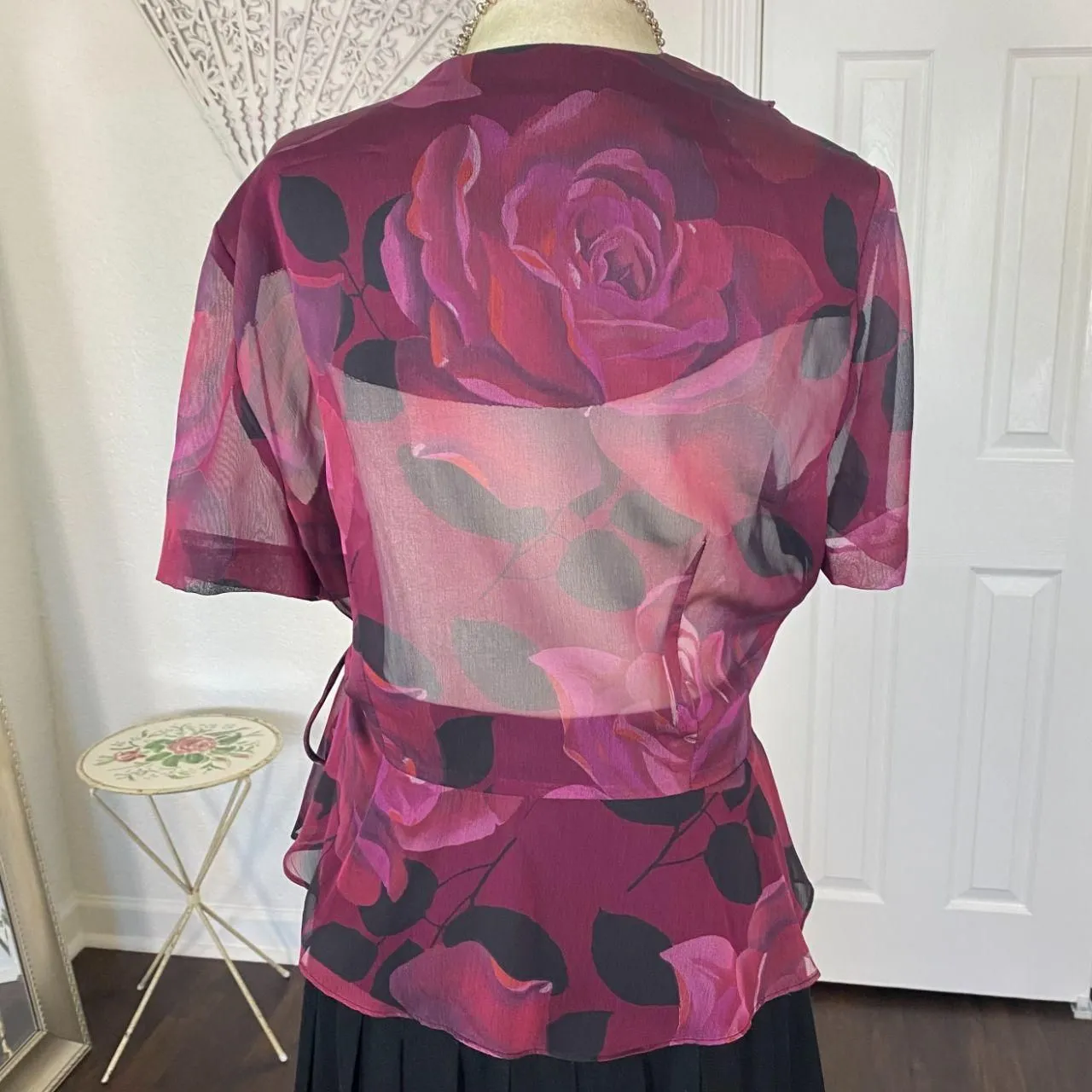 Vintage Whimsygoth Frilly Ruffle Rose Sheer Purple Black Mesh Wrap Top Blouse L Size 12P - Image 5