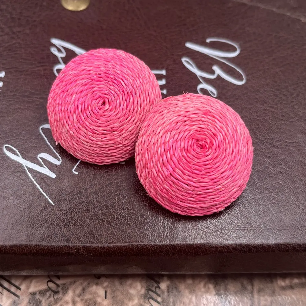 Handcrafted Oversized Pink Swirl Woven Round Disc Stud Earrings - Image 11
