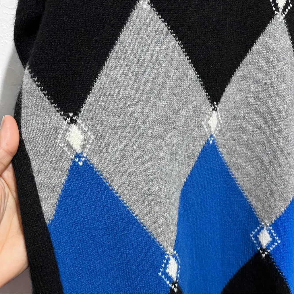 Scotland Pure Cashmere Sweater Intarsia, Inlaid by hand Diamond Design :Box H: Blue Size XL - Image 4