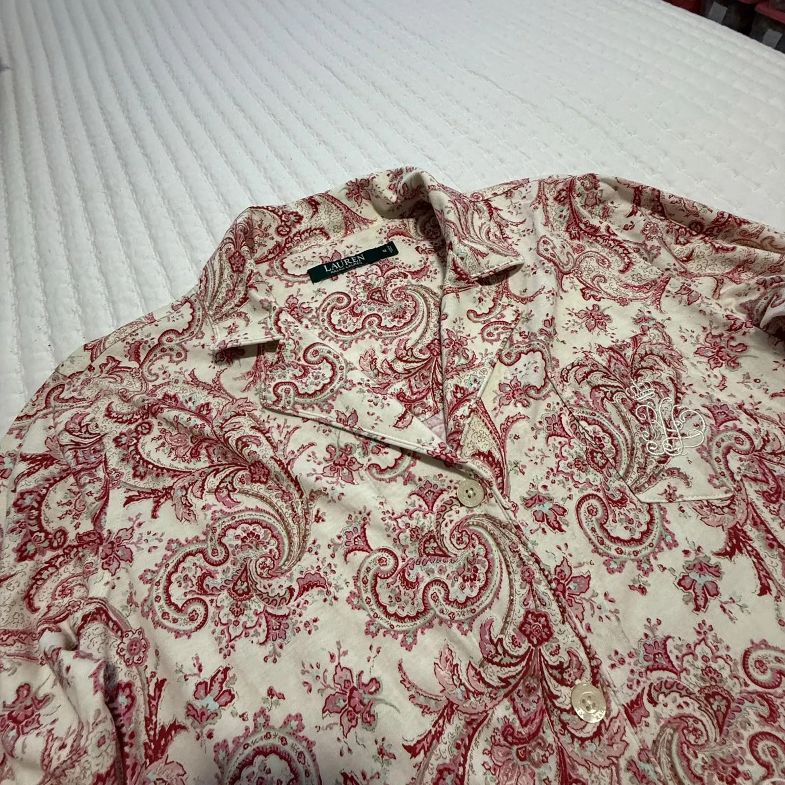 Lauren Ralph Lauren PJ Pajama Set Shirt & Pants Cream Red Pink Paisley M Medium - Image 15