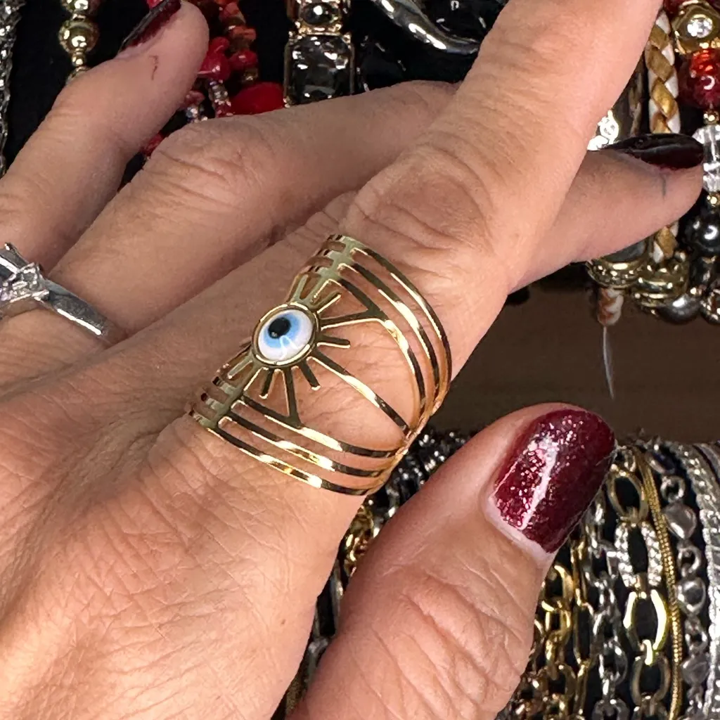Gold Tone Statement Evil Eye Ring Sunburst Design Adjustable Boho - Image 2